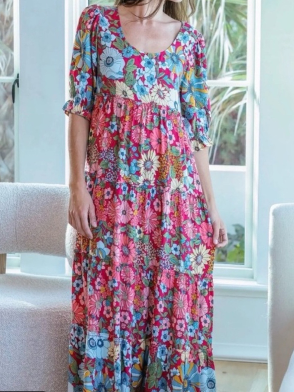 Natural Life Colette Floral Tiered Maxi Dress Mixed Print Large